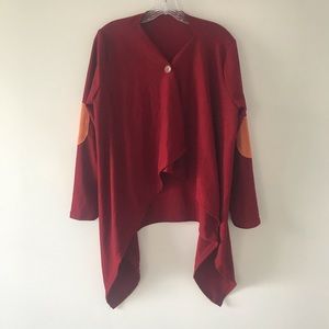Red cardigan w/ orange elbow patchwork